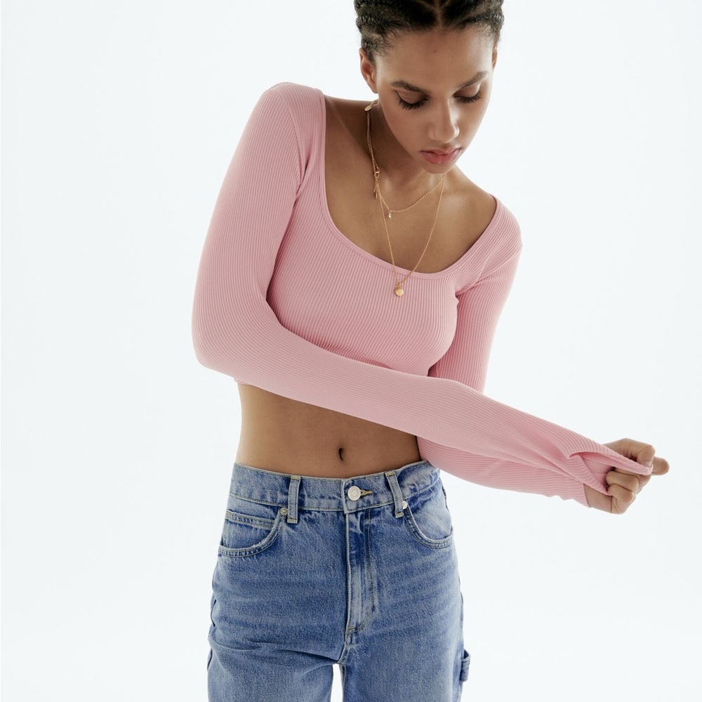 NWT ZARA Limitless Contour Collection Pink RIbbed Stretch Long Sleeve Crop Shirt